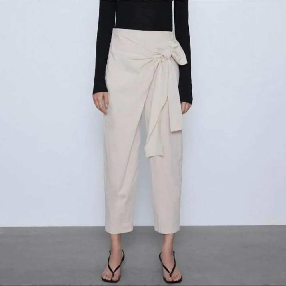 Zara Womens XL High Waisted Tapered Leg Capri Trousers Pants Cream Off White - Picture 2 of 16